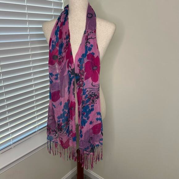 Scarf Floral Pink Feminine Fringe One Size - Picture 1 of 2